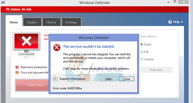 Kuidas parandada Windows Defenderi viga 0x800106ba