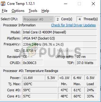 Проверка на температурата на процесора в Core Temp