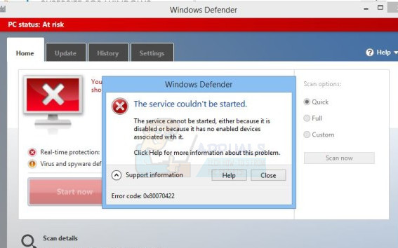 Oprava: Chyba programu Windows Defender Službu se nepodařilo spustit Kód chyby: 0x80070422