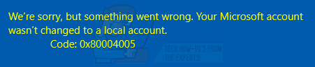 Oprava: Váš účet Microsoft nebyl změněn na místní účet 0x80004005