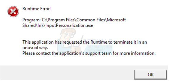 الإصلاح: خطأ وقت التشغيل! InputPersonalization.exe
