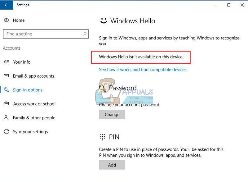 Javítás: A Windows Hello nem érhető el ezen az eszközön
