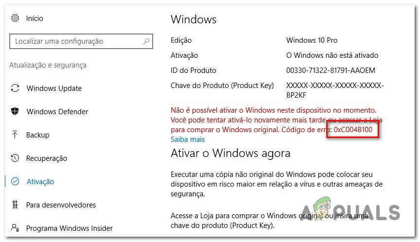 Resoleu l'error d'activació del Windows 0xC004B100