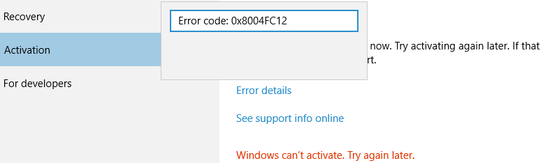 Solución: error de activación de Windows 0x8004FC12