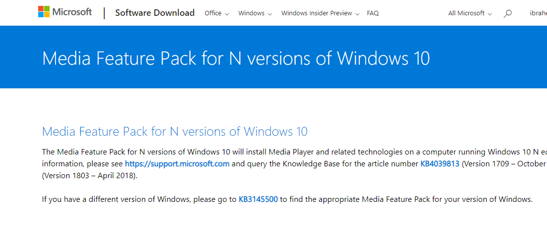 Media Feature Pack Windows N: lle