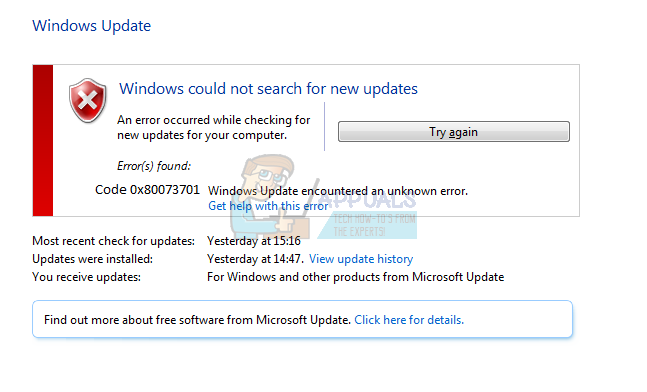إصلاح: رمز خطأ Windows Update 0x80073701
