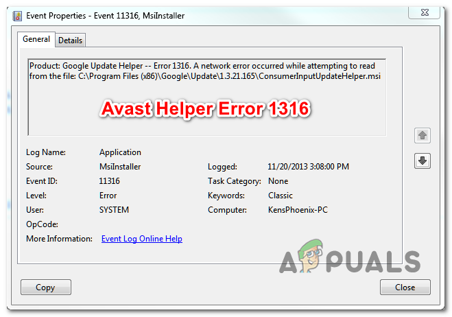 Cómo reparar el error 1316 de Avast Helper