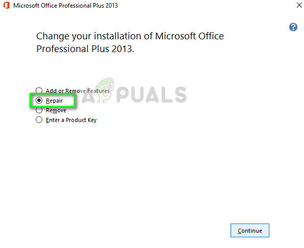 Inicializando o reparo do Microsoft Office no Microsoft Windows