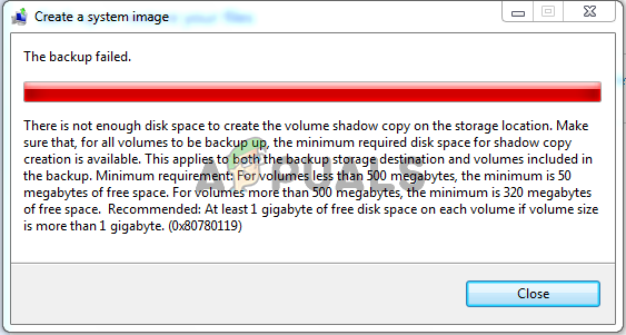 Коригирайте грешка в дисковото пространство 0x80780119 при създаване на системно изображение