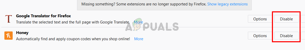 Firefox의 모든 확장에 대해 비활성화를 클릭하십시오.