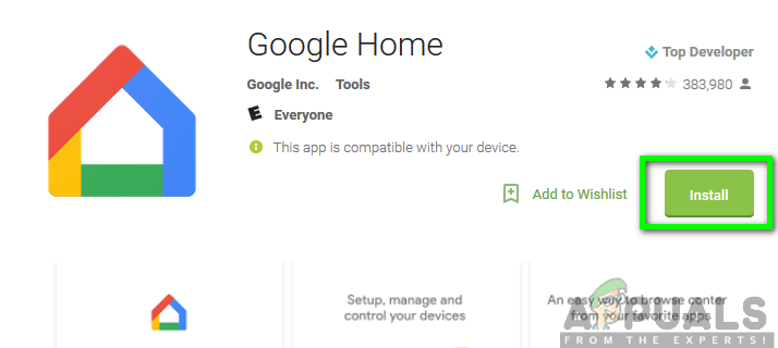Installation af Google Home-appen fra Google Play Butik
