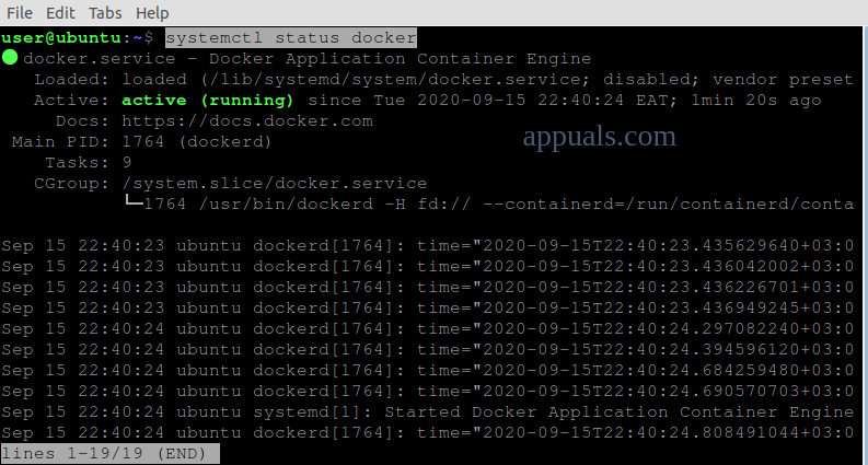 Status do serviço Docker