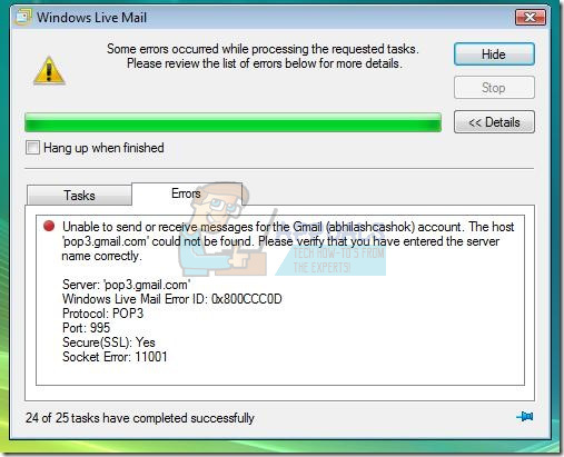 แก้ไข: Windows Live Mail Error 0x800ccc0d