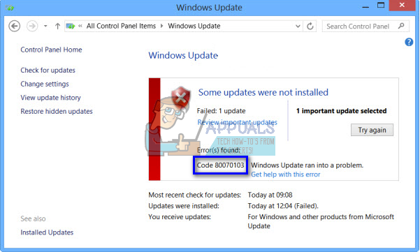Коригиране: Код за грешка на Windows Update 80070103