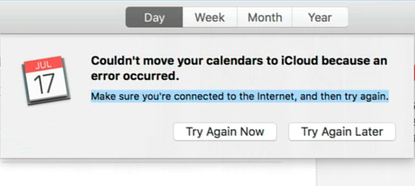 Não foi possível mover seus calendários para o iCloud porque ocorreu um erro (corrigir)