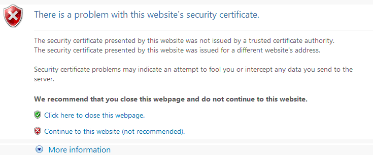 修正：このウェブサイトのセキュリティ証明書に問題があります