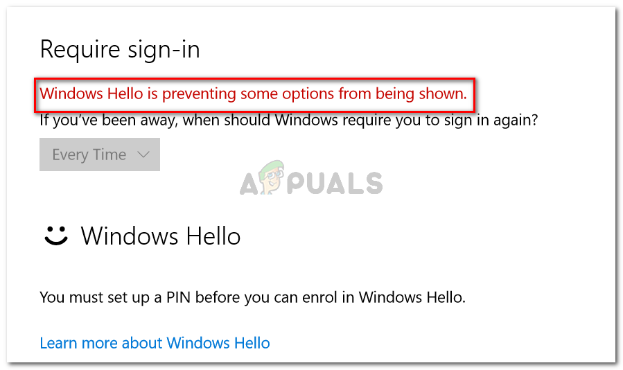 Windows Hello estää joidenkin vaihtoehtojen näyttämisen