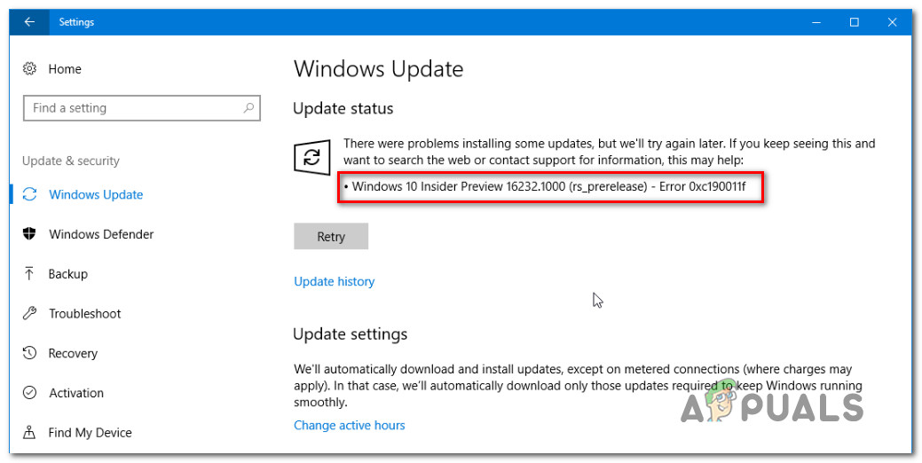 Как да коригирам грешка в Windows Update 0xc190011f