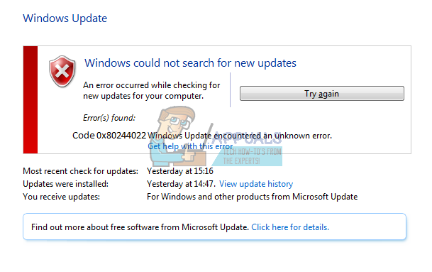 Korjaus: Windows Update -virhekoodi 0x80244022