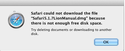 Исправлено: Safari не удалось загрузить файл, потому что на диске недостаточно места.
