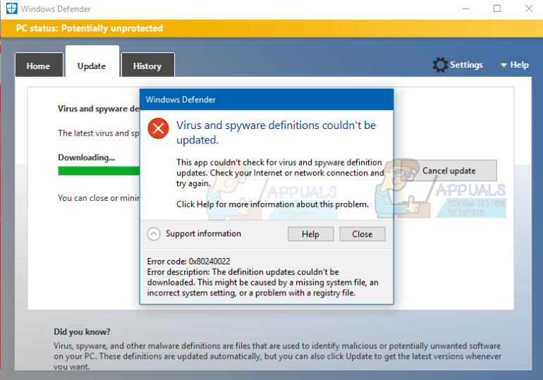 Javítás: 0x80240022 Windows Defender hiba: „A definíciókat nem lehet frissíteni”