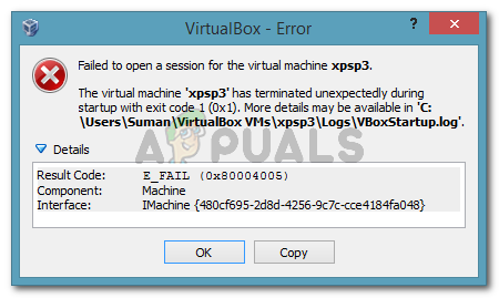 Falha ao abrir uma sessão para a máquina virtual. A máquina virtual foi encerrada inesperadamente durante a inicialização com o código de saída (0x1).