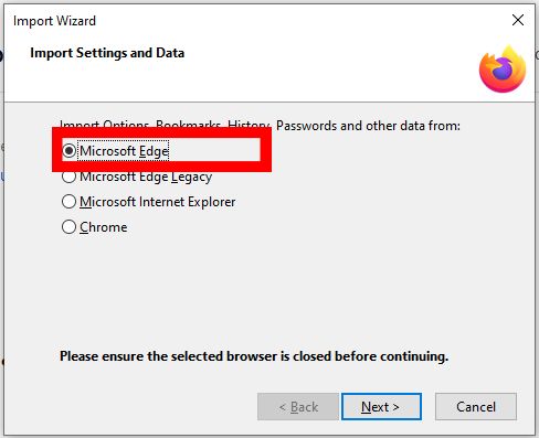 Microsoft Edge importálás Firefoxból