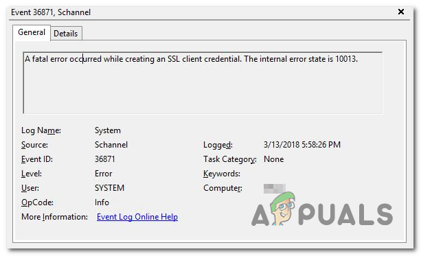 Végzetes hiba történt az SSL kliens hitelesítő adatainak létrehozása során az Eseménynaplóban
