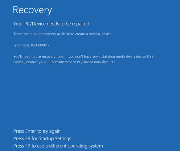 Popravak: Pogreška oporavka BlueScreen 0xc0000017 u sustavu Windows 10