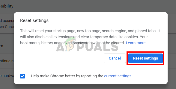Mga setting ng I-reset ang Google Chrome
