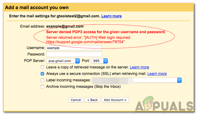Como corrigir o erro 'Servidor negado ao acesso POP3 para o nome de usuário e senha fornecidos'?