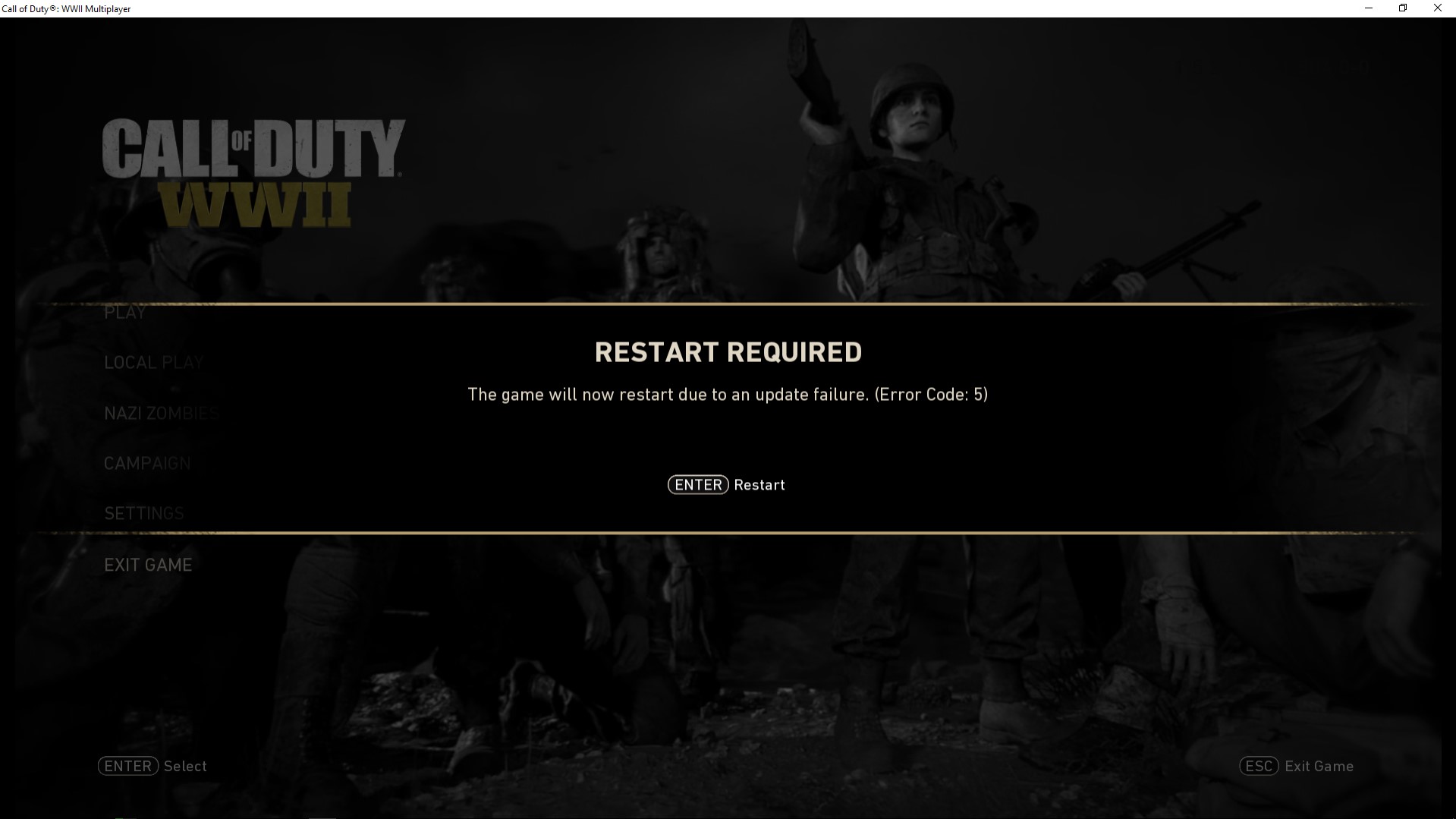 Solución: Código de error 5 'Se requiere reinicio' en Call of Duty World War 2