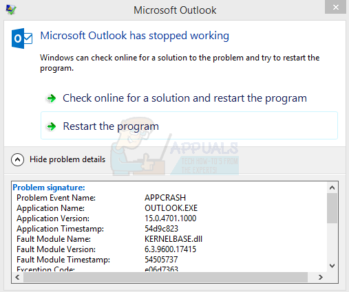 Betulkan: Microsoft Outlook Crash ‘KERNELBASE.DLL’