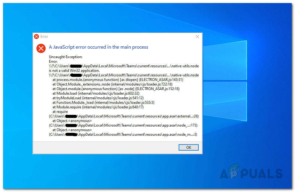 Javascript-undtagelsesfejl i Microsoft Teams på Windows 10