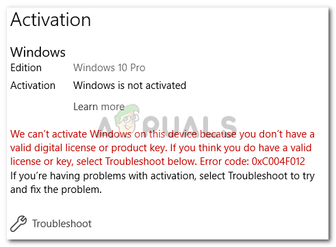 Исправлено: ошибка активации Windows 10 0xc004f012