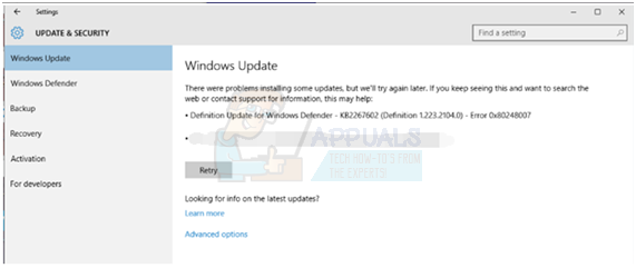 Oprava: Chyba služby Windows Update 0x80248007