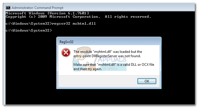 Fix: Mshtml.dll blev indlæst, DllRegisterServer-indgangspunkt blev ikke fundet