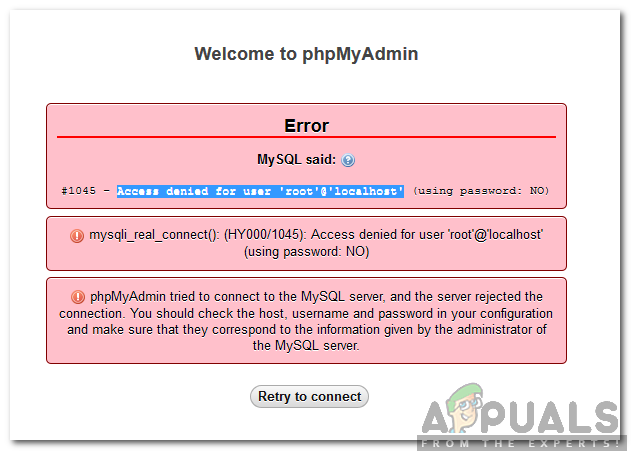 Как да коригираме отказан достъп за грешка на потребителя ‘root’ @ ’localhost’ на MySQL