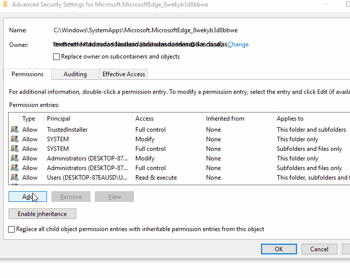 Adicionando permissão para grupos de administradores da pasta Edge - Windows 10+