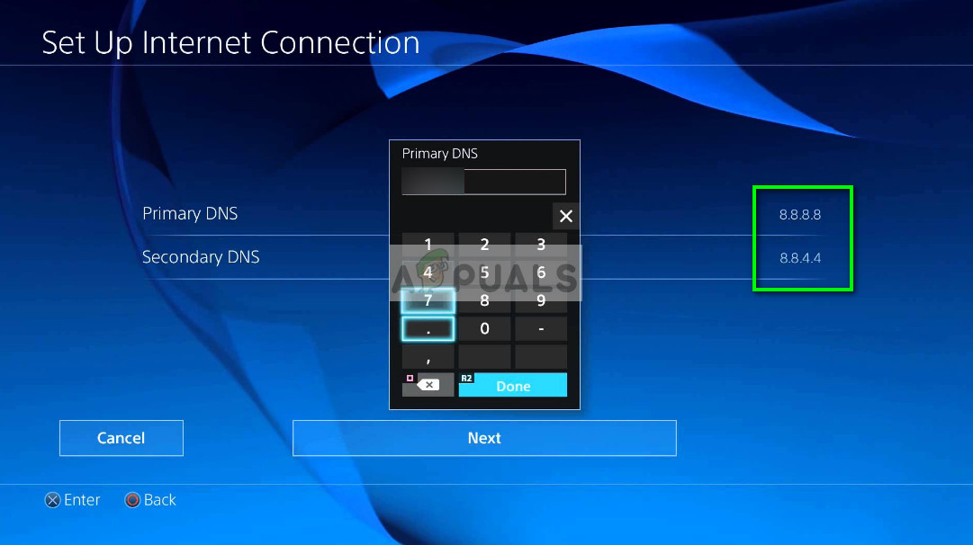 Configurações de DNS do Google no console PS4