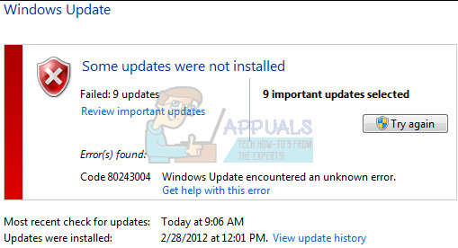 Ayusin: Error sa Pag-update ng Windows 80243004