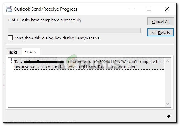 Ayusin: Error ng Microsoft Outlook 0x80040115