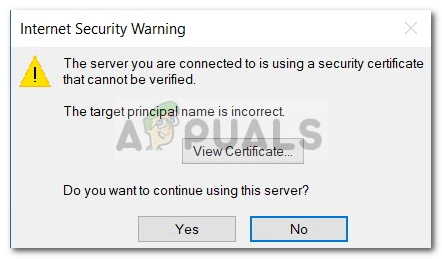 Correção: o servidor ao qual você está conectado está usando um certificado de segurança que não pode ser verificado
