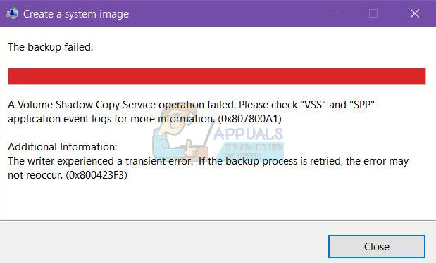 Исправлено: ошибка резервного копирования образа системы Windows 10 0x807800A1 и 0X800423F3