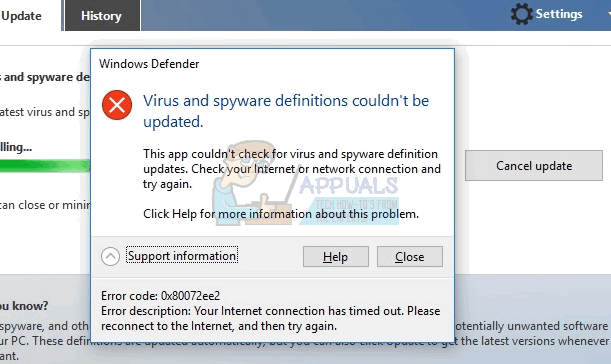 Fix: Windows Defender-opdateringsfejl 0x80072ee2