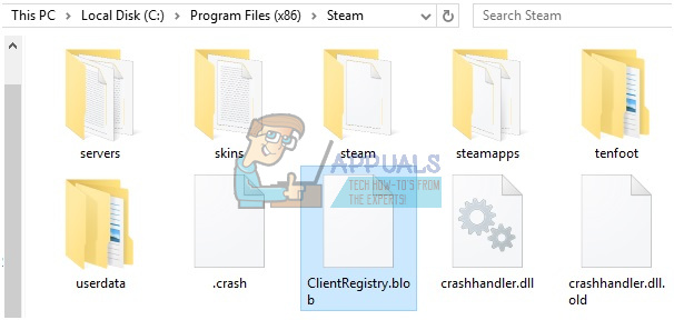 Labojums: Steam direktorijā trūkst ClientRegistry.blob