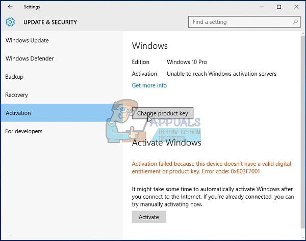 Düzeltme: Windows 10'da Etkinleştirme Hatası 0x803F7001