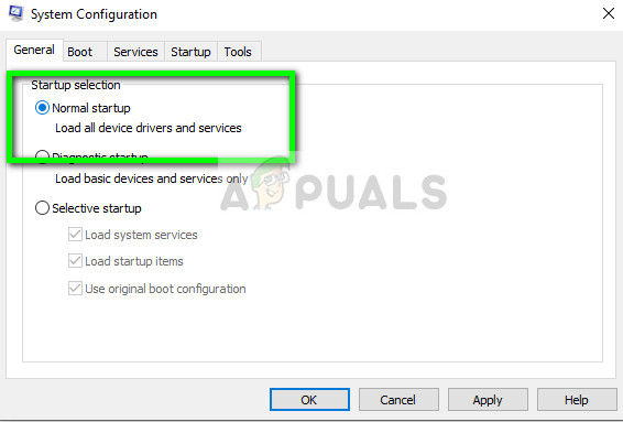 A normál indítás kiválasztása - Rendszerindítási konfiguráció Windows 10 rendszeren