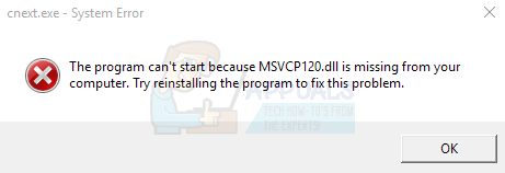 Коригиране: Cnext.exe не може да се стартира, защото липсва MSVCP120.dll или Qt5Core.dll