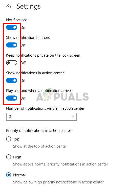 Activez les notifications et la taille et définissez la priorité pour les notifications d
